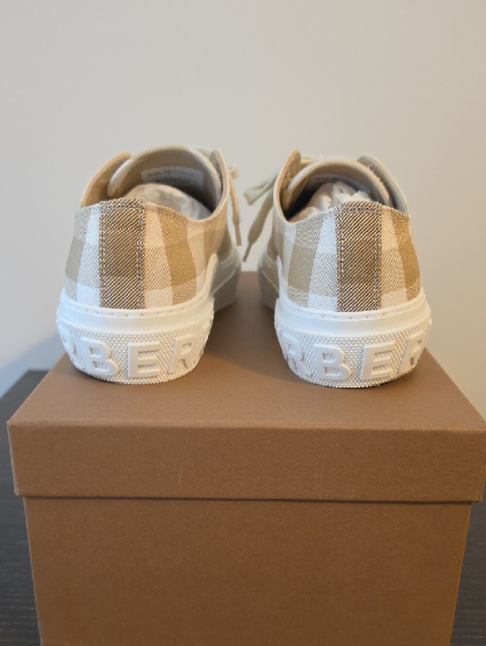 Burberry Beige Canvas Check Low-Top Sneakers with White Accents - Picture 4 of 14